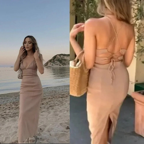 Zara Linen Blend Strappy Open  Back Midi Maxi Dress Beige Tan Brown Size Small - Picture 4 of 16